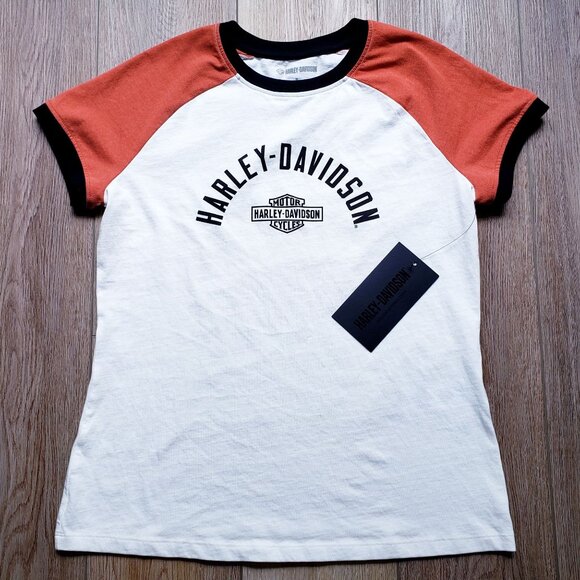 Harley-Davidson Womens Off White & Orange Raglan T-Shirt Logo Graphic with Tags - Picture 1 of 7